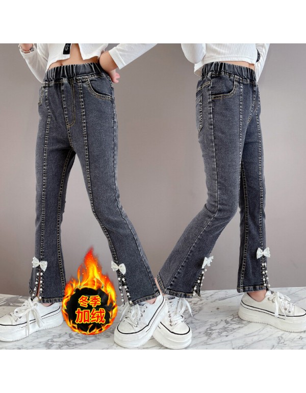 Girls' Autumn And Winter Casual Pants  Girls' Fashionable Feet Bow Tie Beaded Elastic Slim Fit Jeans